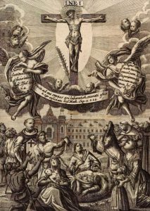 Abb. 3: Ein Kupferstich des Ährenkruzifixes aus dem Mirakelbuch von P. Fr. Lucas a S Nicolao (aus: Lucas 1725).