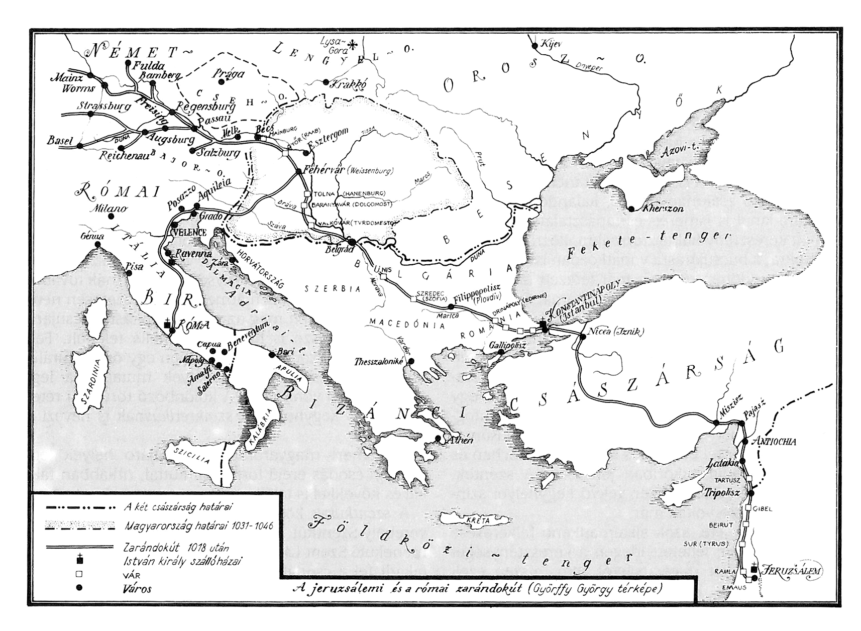 Abb. 4: Die Pilgerwege nach Jerusalem und Rom im 11. Jahrhundert. Aus: Bálint/Barna 1994, S. 28.