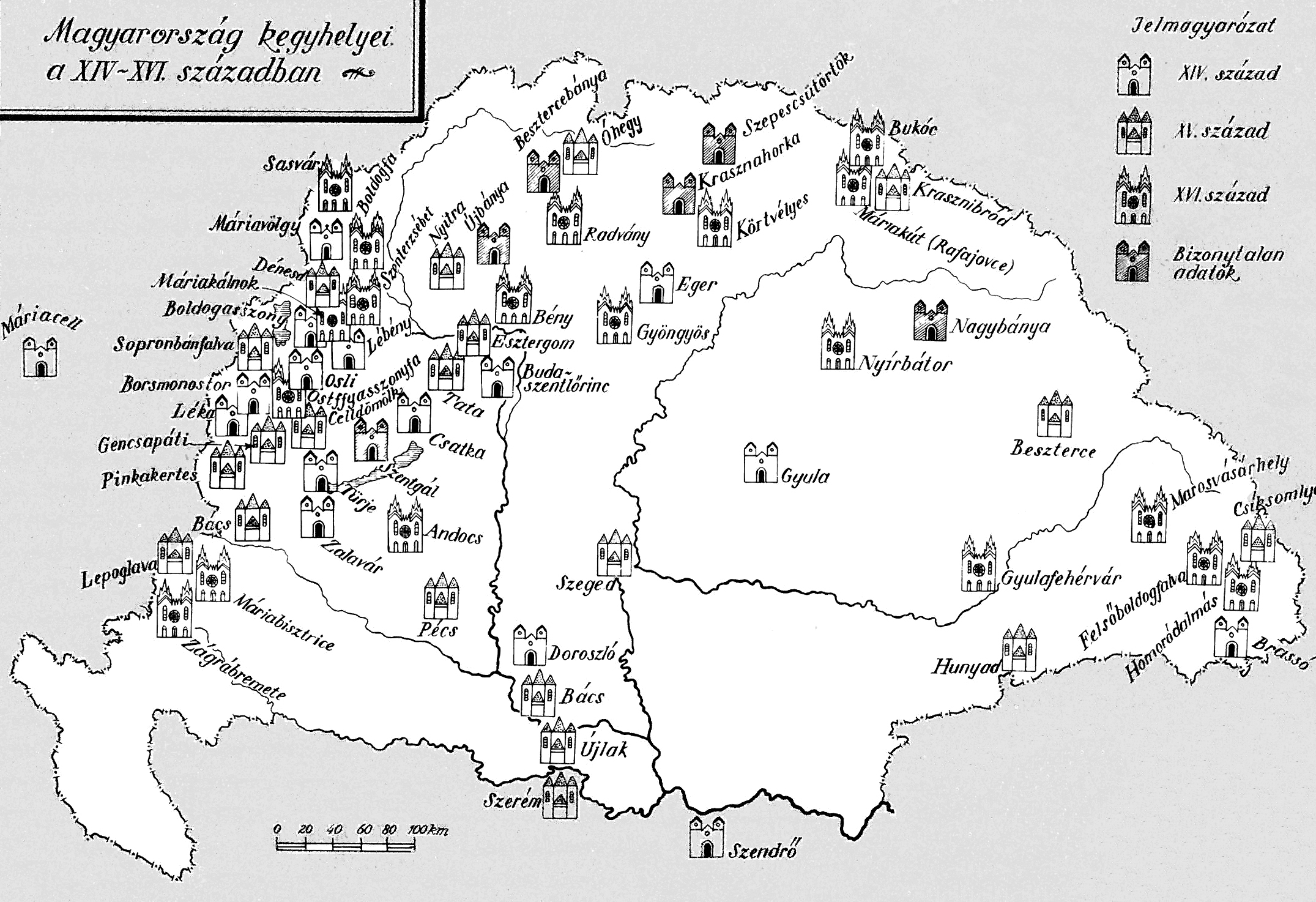 Abb. 11: Die Gnadenorte in Ungarn im 14.–16. Jh. Aus: Bálint/Barna 1994, S. 73.