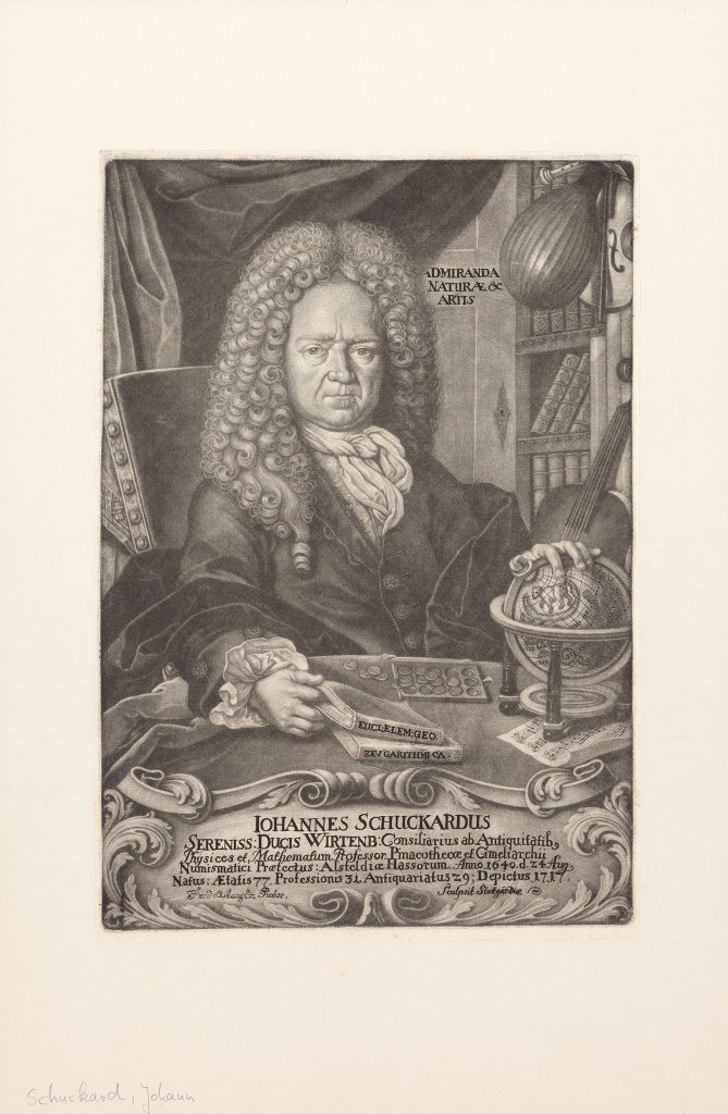 Abb. 1: Antiquar Johann Schuckard (1640–1725), Stich von Ferdinand Stenglin 1717. Quelle: Württ. Landesbibliothek Stuttgart, Graphische Sammlung.