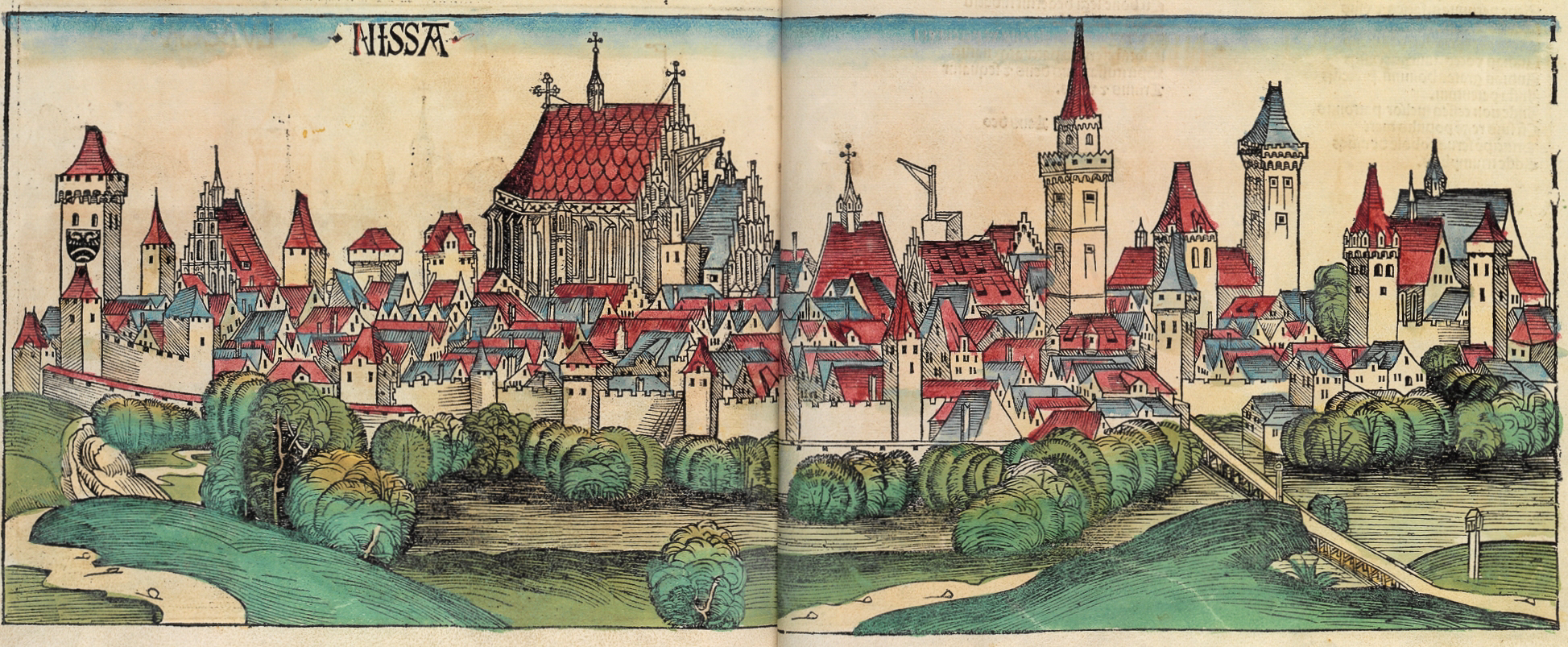 Fig. 1. View of Nysa (Silesia), from the Nuremberg Chronicle (Schedelsche Weltchronik), 1493. Public domain, via Wikimedia Commons.